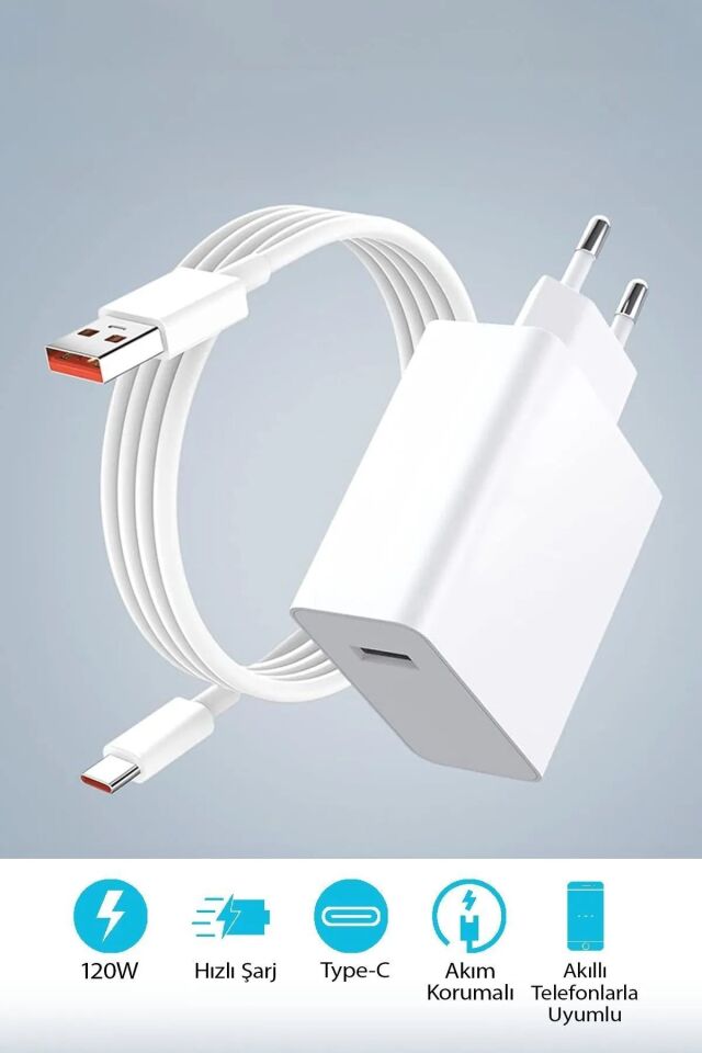 120 Watt Samsung Redmi Huawei Uyumlu Turbo Hızlı Şarj Cihazı Fast Dualcom Şarj Seti