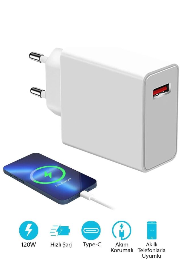 120 Watt Samsung Redmi Huawei Uyumlu Turbo Hızlı Şarj Cihazı Fast Dualcom Şarj Seti