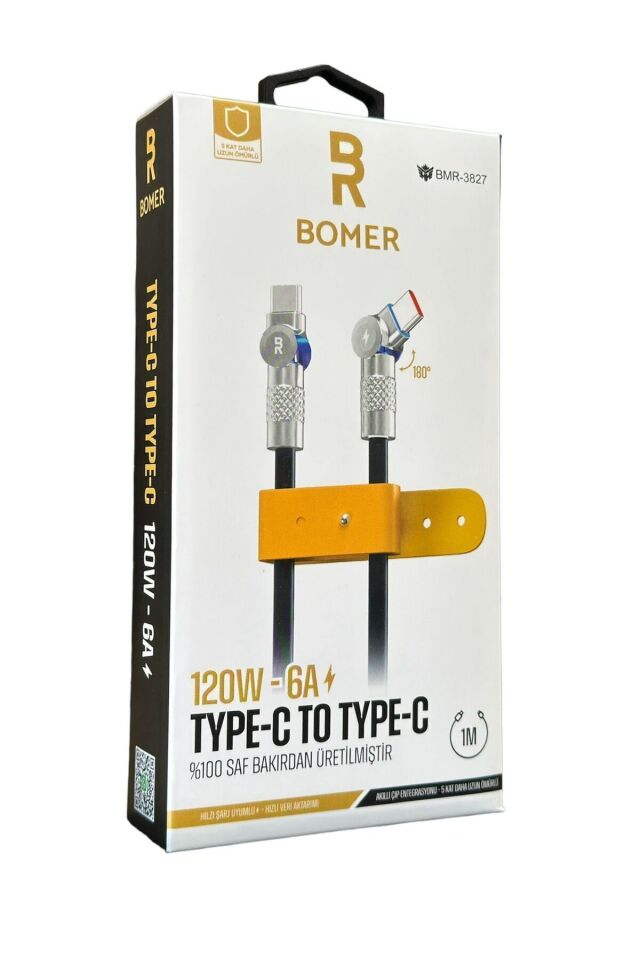 3827 120w 6a Siyah Renk Type C To Type C 180 Derece Döner Başlı Işıklı Şarj Ve Data Kablosu