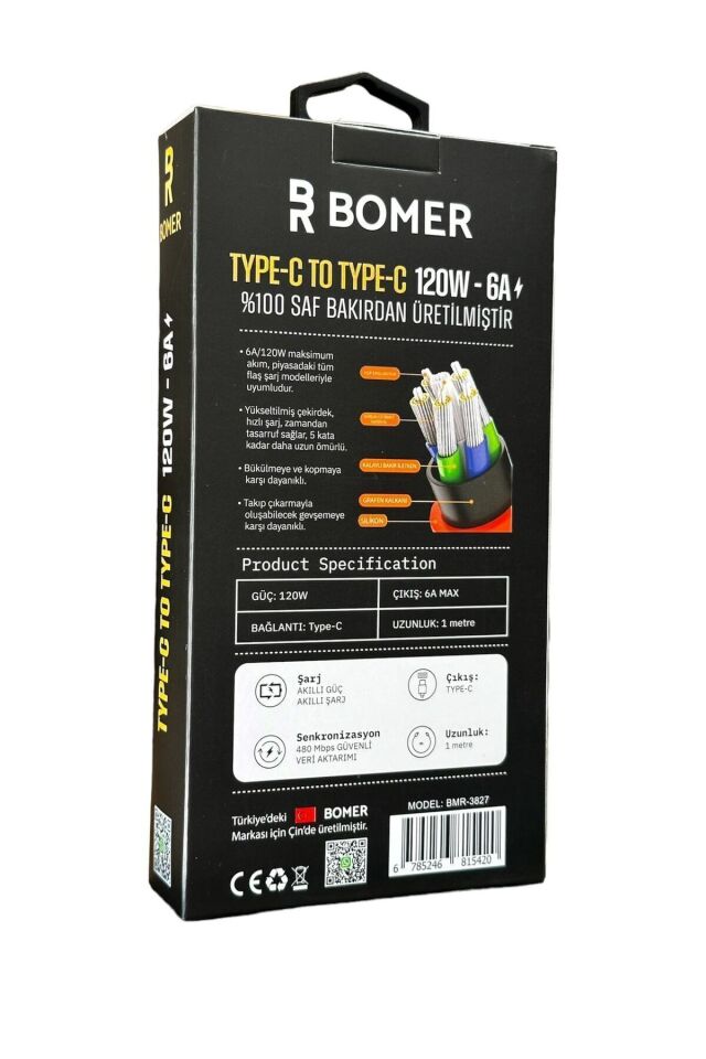 3827 120w 6a Siyah Renk Type C To Type C 180 Derece Döner Başlı Işıklı Şarj Ve Data Kablosu
