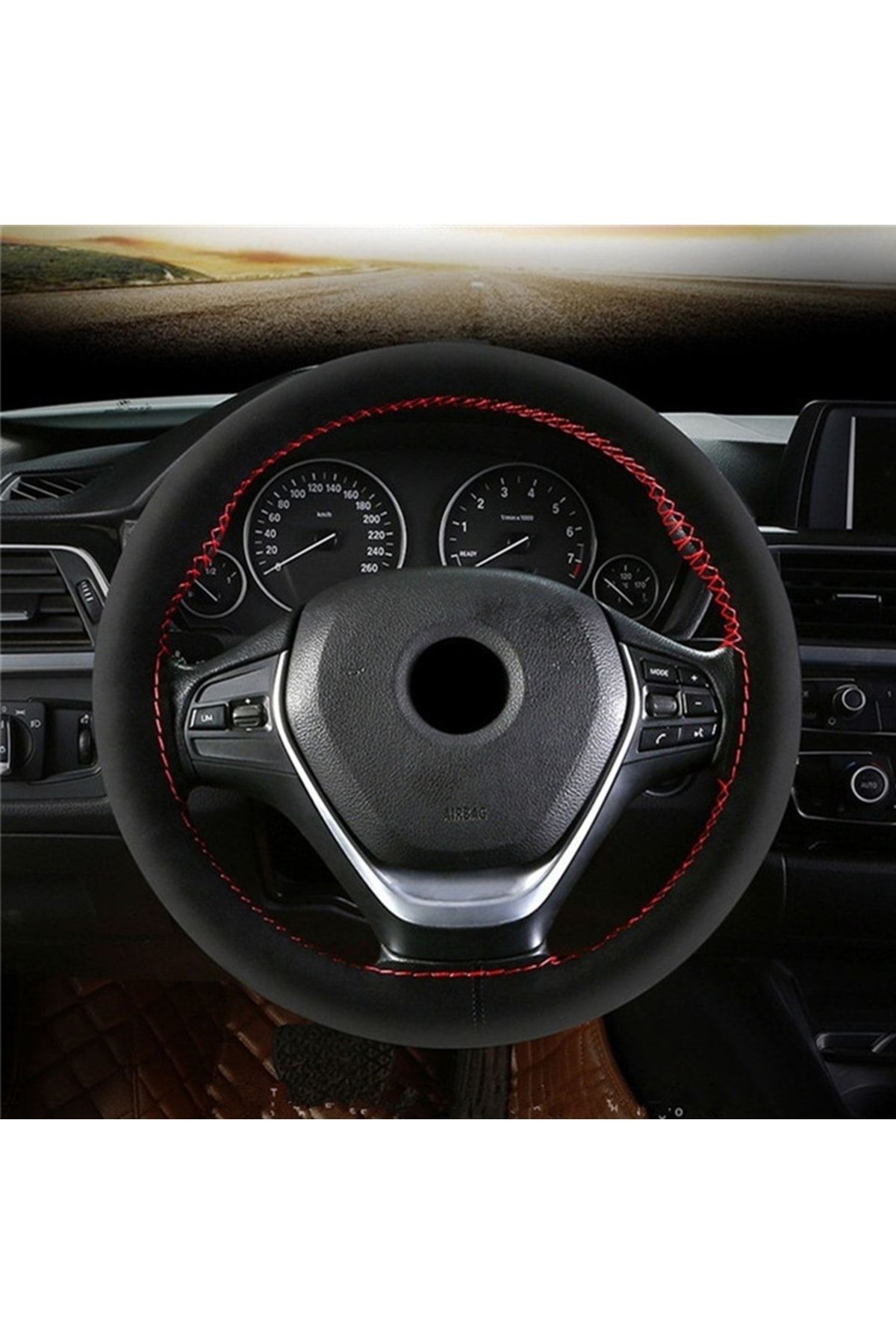 Alcantara Kırmızı Dikişli Oto Direksiyon Kılıfı
