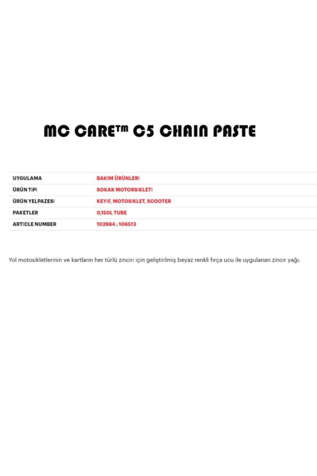 C5 Chain Paste Motosiklet Zincir Yağlama Ve Bakım Kremi