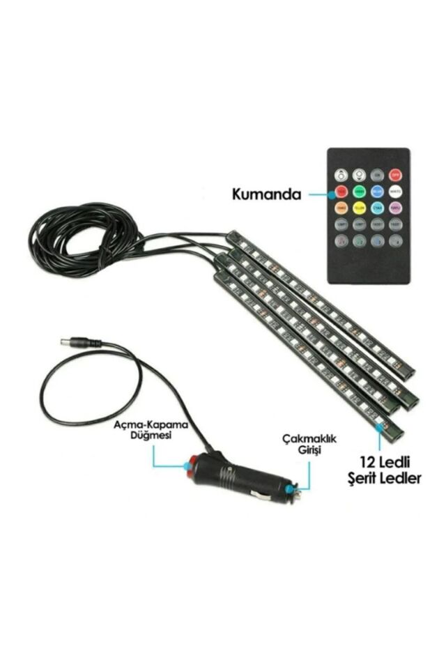 Araç Içi Aydınlatma Kumandalı Müziğe Duyarl 12 Led Ayak Altı Led - 7 Renk Rgb Pra-443095-7597